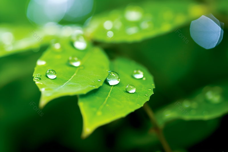 清晨绿叶上几滴新鲜的露珠特写,高清,摄影图,摄影图片,图片大全,摄影图免费下载